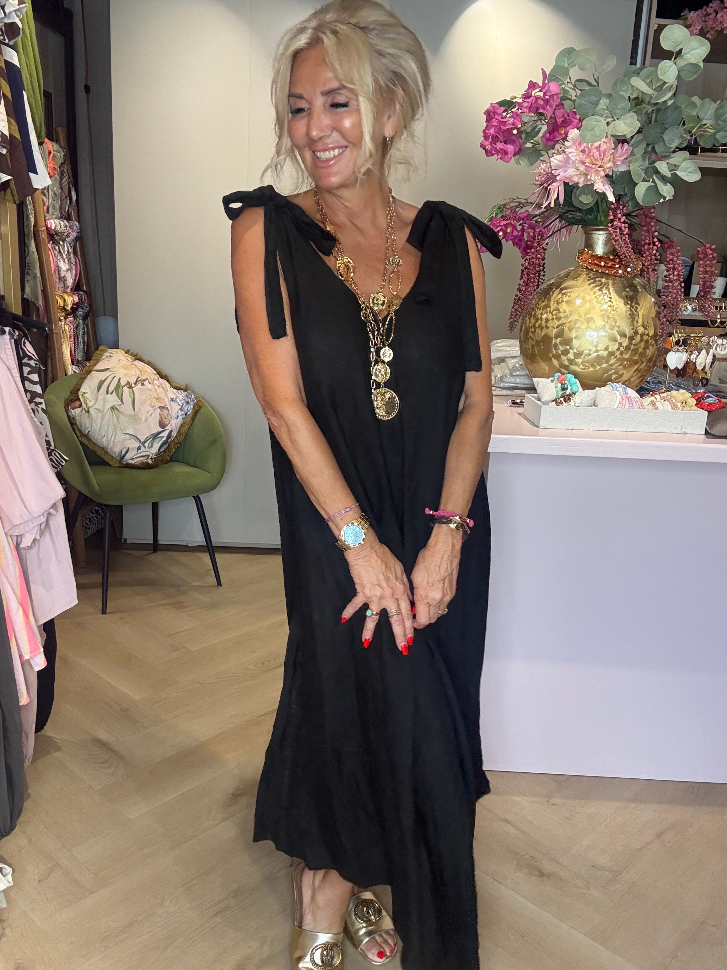 Sukienka lniana z kokardą czarna